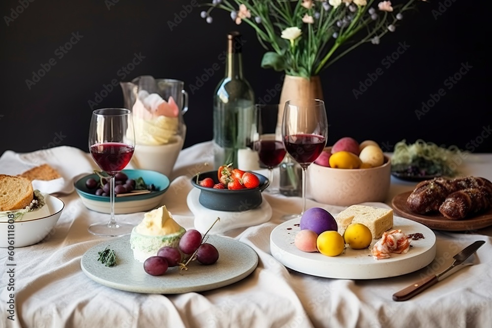 Serving Easter table with tasty dishes and glass of wine.