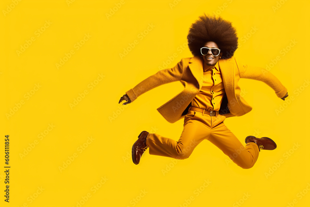 A man in a yellow suit jumping in the air. Generative AI.