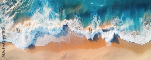 a birds-eye view of the beach a horizontal aerial coastline and a sea with aqua water waves without rocks   Abtract-themed  drone aerial  photorealistic illustrations in JPG. Generative AI