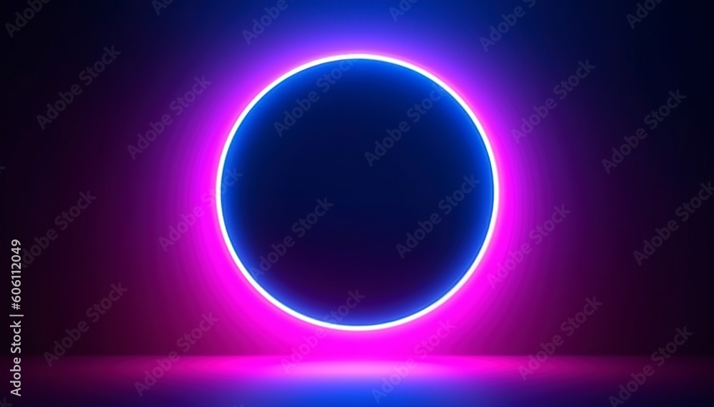 3d render, blue pink neon round frame, circle, ring shape, empty space, ultraviolet light, 80s retro style, fashion show stage, abstract background