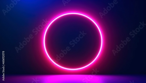 3d render, blue pink neon round frame, circle, ring shape, empty space, ultraviolet light, 80s retro style, fashion show stage, abstract background, generate ai