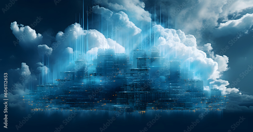 estructura lógica basada en la nube en el cielo, al estilo del arte digital futurista, cian oscuro, formato de lienzo grande, centrado en la luz, azul cielo, tasa de bits baja, núcleo en la nube
