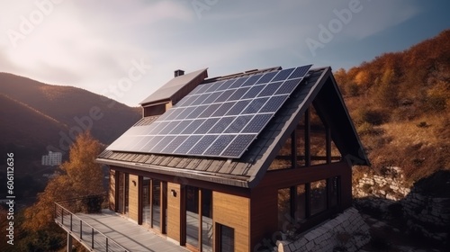 eco-friendly house with solar panels on the roof surrounded by green nature. Generative AI © Natee Meepian