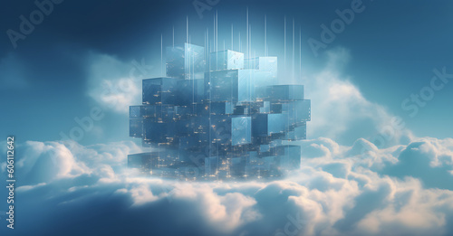 cloudbased logical structure on the sky, in the style of futuristic digital art, dark cyan, large canvas format, light-focused, sky-blue, low bitrate, cloudcore photo