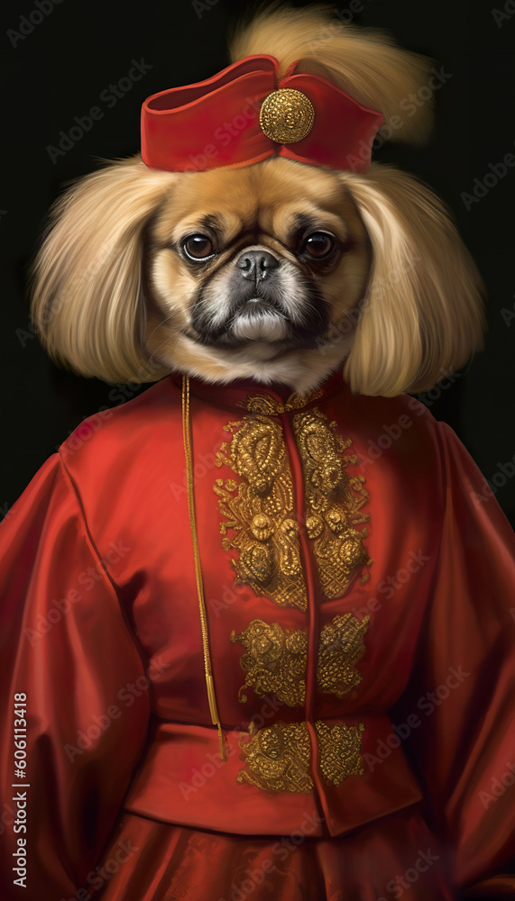 A painting of a dog dressed in a costume. Generative AI. A painting of a dog dressed in a costume. Generative AI.
