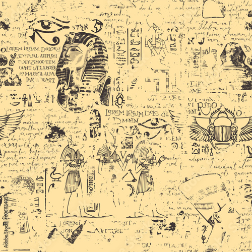 Seamless pattern on an Ancient Egypt theme with color images of Egyptian gods and handwritten text lorem ipsum. Vector abstract background in retro style. Wallpaper, wrapping paper, fabric