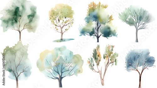 High resolution watercolor tree illustration collection transparent background generative ai