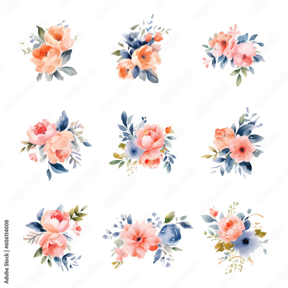 Set of floral branch. Flower peach rose, green and blue leaves. Wedding concept with flowers. Floral poster, invite. Vector arrangements for greeting card or invitation design Set of floral branch. Flower peach rose, green and blue leaves. Wedding concept with flowers. Floral poster, invite. Vector arrangements for greeting card or invitation design