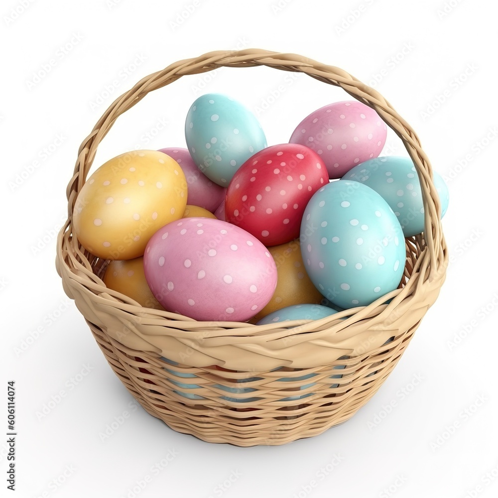 Colorful easter eggs in basket isolated on white background
