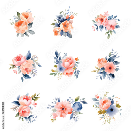 Set of floral branch. Flower peach rose  green and blue leaves. Wedding concept with flowers. Floral poster  invite. Vector arrangements for greeting card or invitation design
