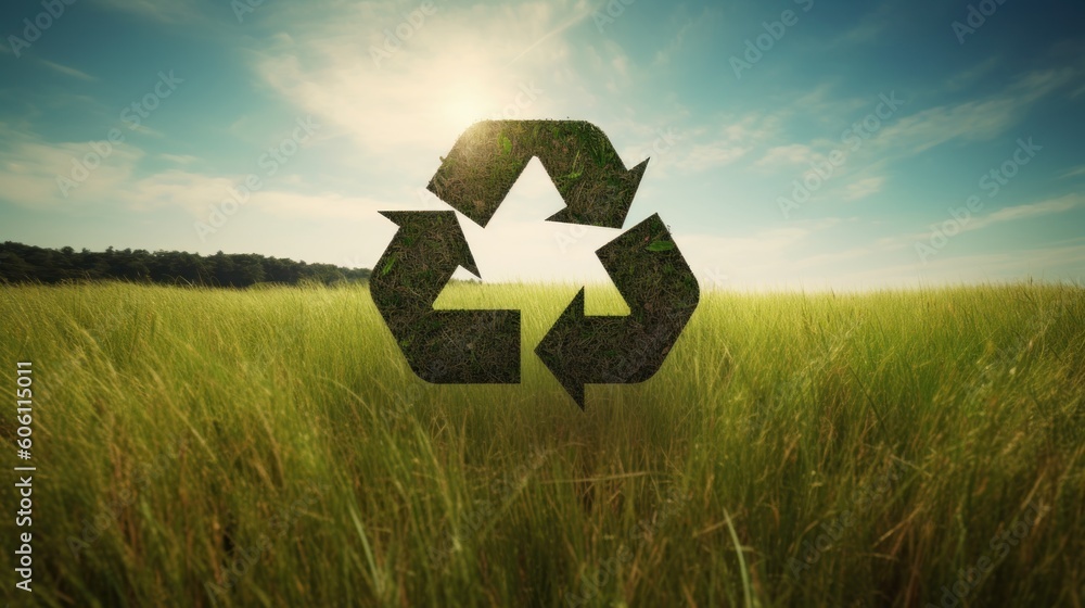 Naklejka premium Recycle symbol on the green grass, sustainable and eco environment concept. Generative AI