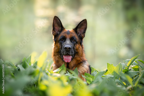 Beautiful black and tan german shepherd portrait with open mouth and tongue out, outdoor, green blurred background, green spring grass