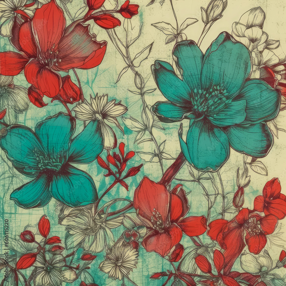 A vibrant floral painting with red and blue flowers on a white canvas. Generative AI A vibrant floral painting with red and blue flowers on a white canvas. Generative AI