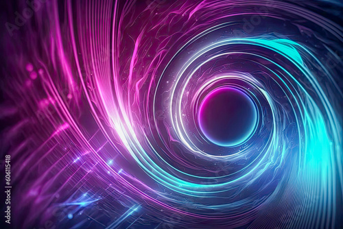 A futuristic digital swirl pattern in shades of purple and blue on a black background. Generative AI