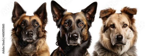 Three german shepherd dogs standing and looking at the viewer, isolated on a transparent background. Generative AI