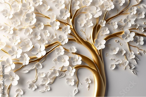 3d wallpaper floral tree background with white flower leaves and golden stem. interior wall home decor  generate ai