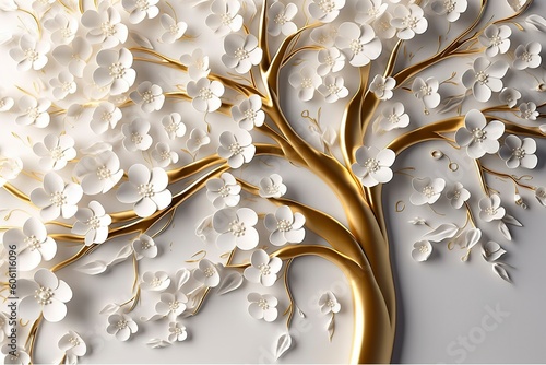 3d wallpaper floral tree background with white flower leaves and golden stem. interior wall home decor, generate ai