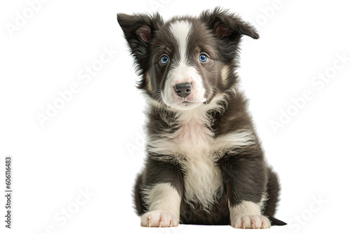 A cute brown and white puppy with blue eyes on a transparent background. Generative AI