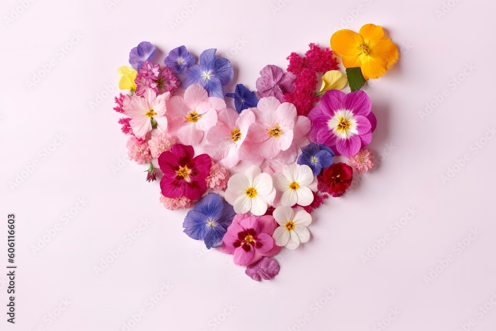 Vibrant Spring Flower Blossoms, Heart Shape, Copy Space Vibrant Spring Flower Blossoms, Heart Shape, Copy Space