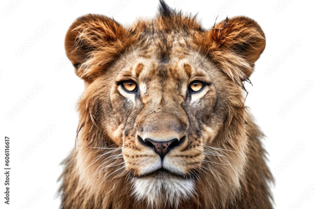 A close up of a lion's face with transparent background. Generative AI