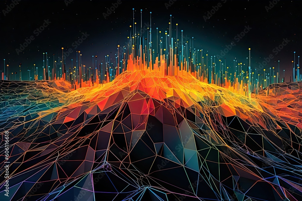 Digital Nerve Matrix. Digital abstract design of interconnected circuits, where lines and shapes are filled with streams of vibrant, bright light that represent neural connections. AI