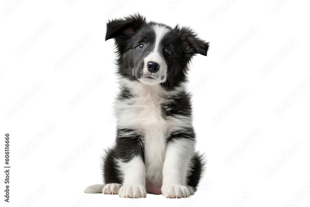 An adorable black and white puppy sitting on a transparent background. Generative AI