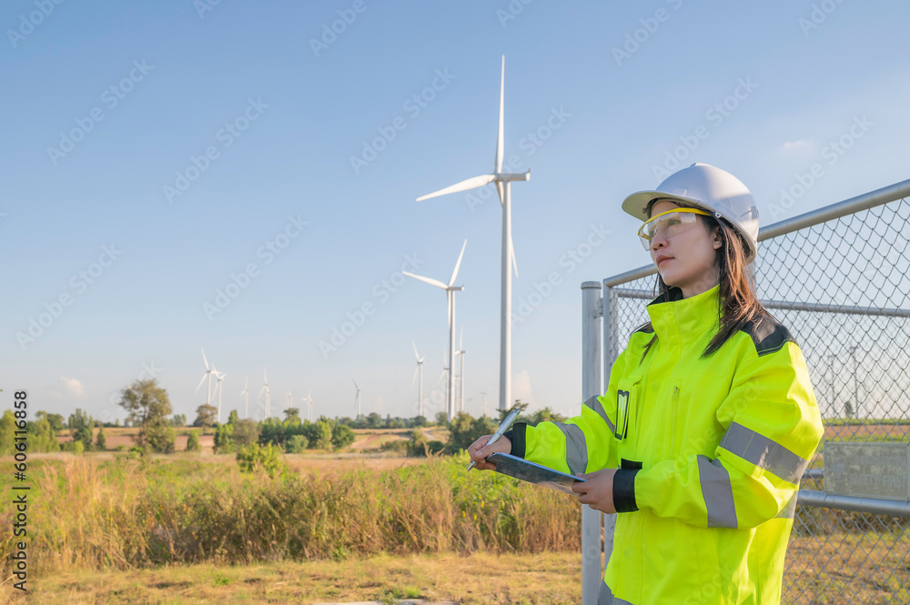 Asian woman engineers working and holding the report at wind turbine farm Power Generator Station on mountain,Thailand people,Technician at site of work Asian woman engineers working and holding the report at wind turbine farm Power Generator Station on mountain,Thailand people,Technician at site of work