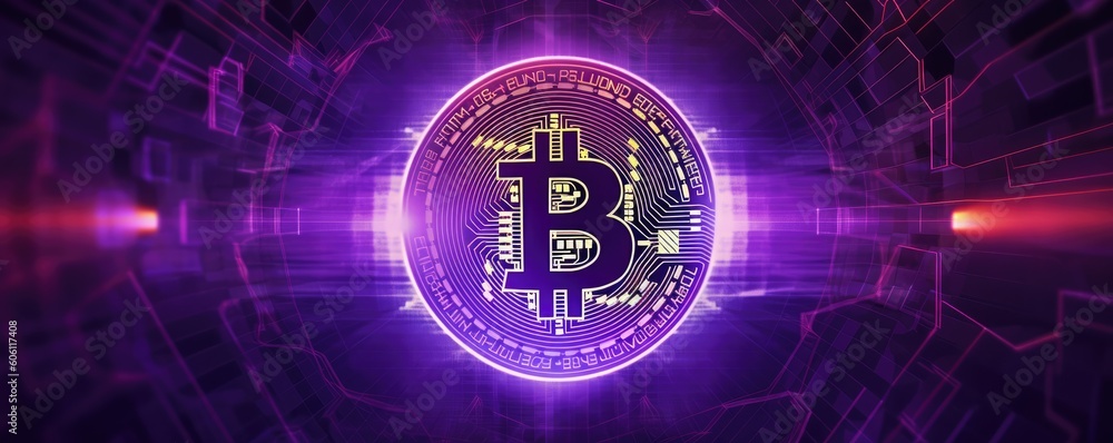 Bitcoin, a blockchain cryptocurrency, Horizontal purple background, Bitcoin to the moon, circuit board, a futuristic graphic of Bitcoin, Digital money, finance image, Finance-themed, generative ai Bitcoin, a blockchain cryptocurrency, Horizontal purple background, Bitcoin to the moon, circuit board, a futuristic graphic of Bitcoin, Digital money, finance image, Finance-themed, generative ai