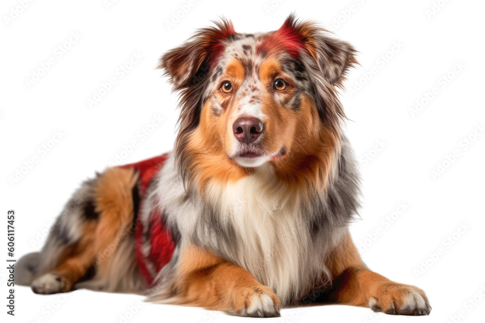 A brown and white dog with a red collar on a transparent background. Generative AI
