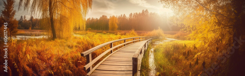Autumn panoramic of meadow with wooden path and sunlight © AhmadSoleh