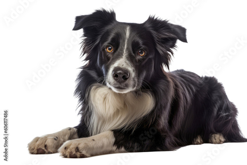 A black and white dog laying down on a transparent background. Generative AI
