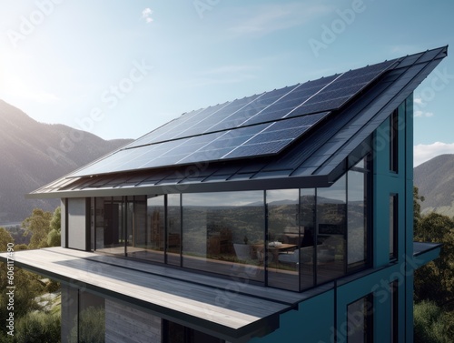 Modern house with blue solar panels on the roof. Generative AI