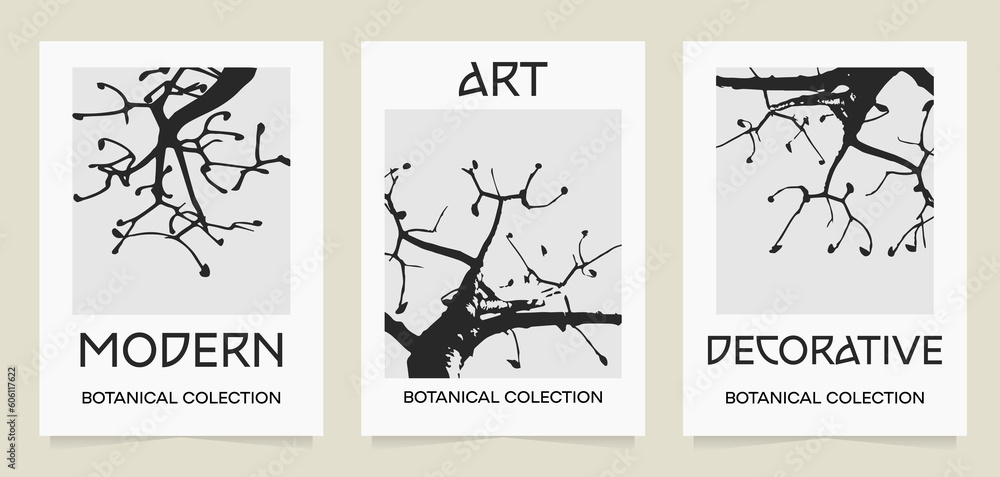 Abstract botanical silhouette art. Collection of minimalist aesthetic posters. Set of modern trendy design. Vector minimalism illustration. For printing, wall decor, prints, postcard.