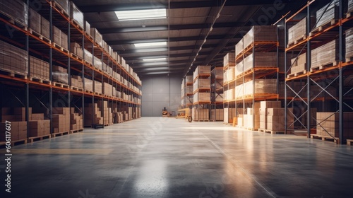 Warehouse or industry building interior. Generative AI © Viktor