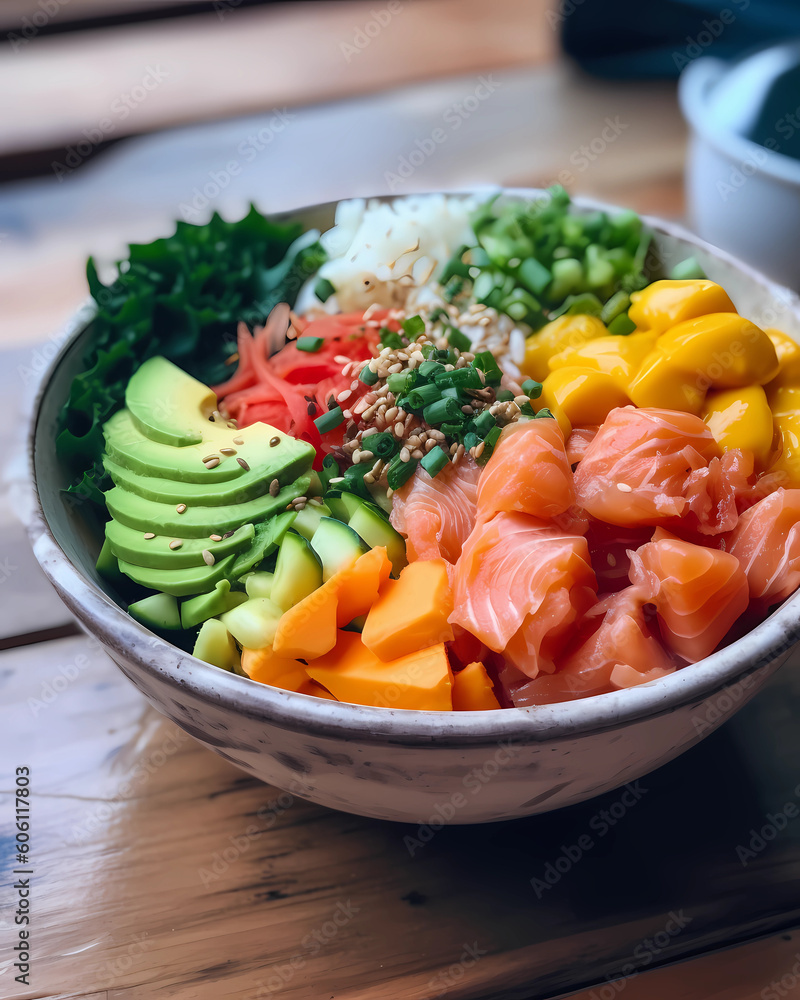 salmon poke bowl (avocado, salmon, carrot, cucumber, red cabbage, radish and rice) salmon poke bowl (avocado, salmon, carrot, cucumber, red cabbage, radish and rice)
