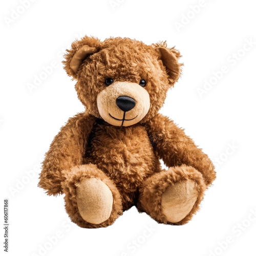 A brown teddy bear sitting upright on a transparent background. Generative AI © byarnoldus