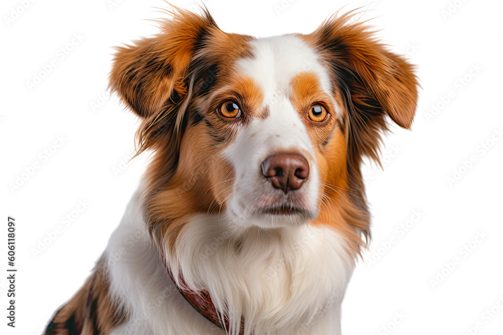 A brown and white dog wearing a collar on a transparent background. Generative AI