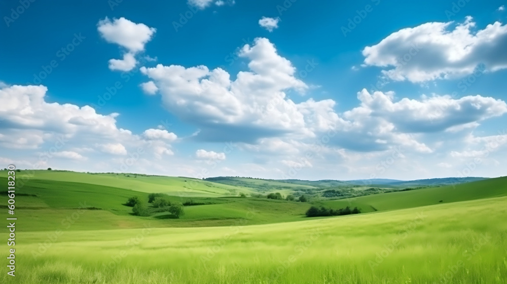 Idyllic Summer Landscape with Rolling Hills and Blue Skies, generative AI