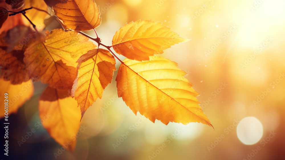 Autumnal background with yellow leaves and sunlight created with generative AI tools