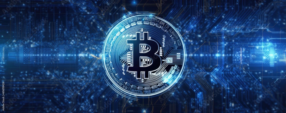 Bitcoin, a blockchain cryptocurrency, Horizontal blue background, Bitcoin to the moon, circuit board, futuristic graphic of Bitcoin, Digital money, Finance-themed, photorealistic. Generative AI Bitcoin, a blockchain cryptocurrency, Horizontal blue background, Bitcoin to the moon, circuit board, futuristic graphic of Bitcoin, Digital money, Finance-themed, photorealistic. Generative AI
