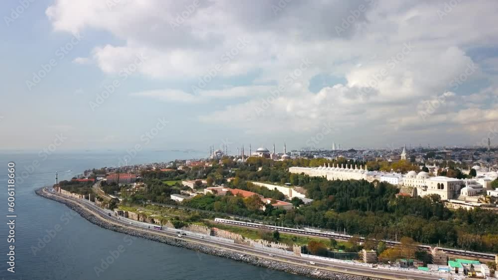 Istanbul's historic peninsula with the Kennedy Street. Aerial. Traffic flowing in Sahil Yolu
Istanbul's historic peninsula with the Kennedy Street. Aerial. Traffic flowing in Sahil Yolu