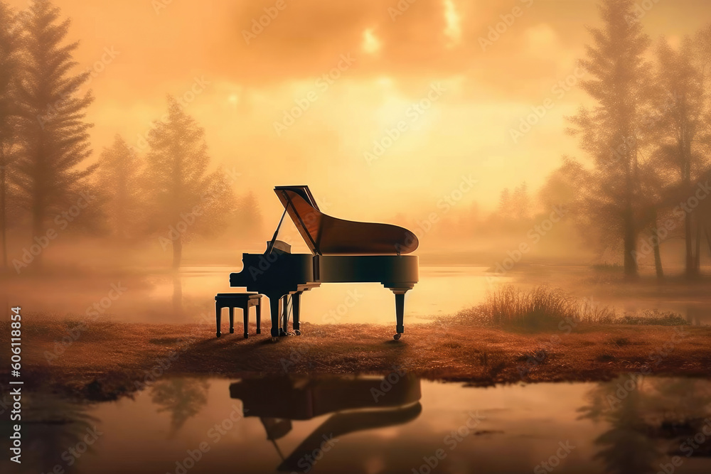 A piano in the field with fog and puddles of water. Generative AI A piano in the field with fog and puddles of water. Generative AI