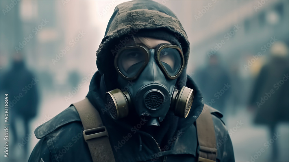 a man with gas mask stands in a gloomy gray scenario, generative AI a man with gas mask stands in a gloomy gray scenario, generative AI