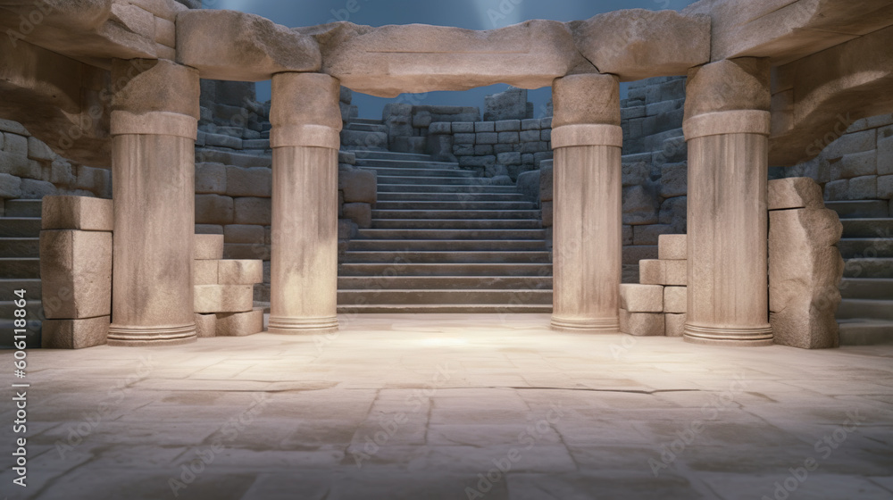 An empty stage with ancient stone columns and lights. Generative AI image.
