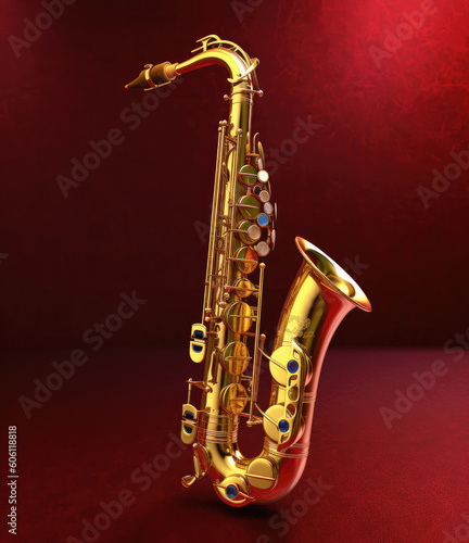 Musical instrument saxophone on red background. Generative AI