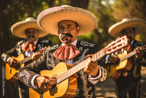 Mexican men in traditional mariachi clothing playing the guitar. Generative AI photo