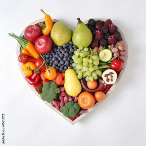 A rainbow of fruits and vegetables arranged in a heart shape  a stunning centerpiece for any occasion. AI Generative