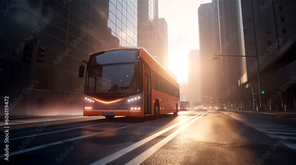 a bus drives through the sunny evening atmosphere of a city, generative AI