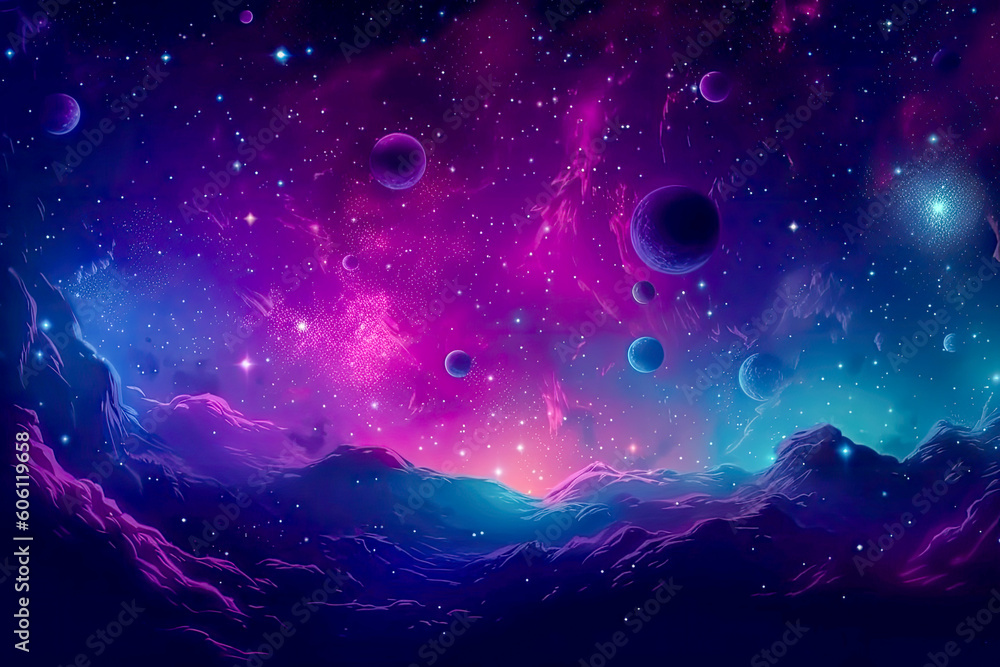 A colorful space scene with multiple planets and stars. Generative AI - obrazy, fototapety, plakaty 