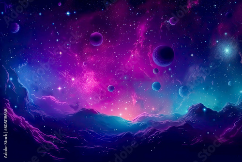 A colorful space scene with multiple planets and stars. Generative AI photo